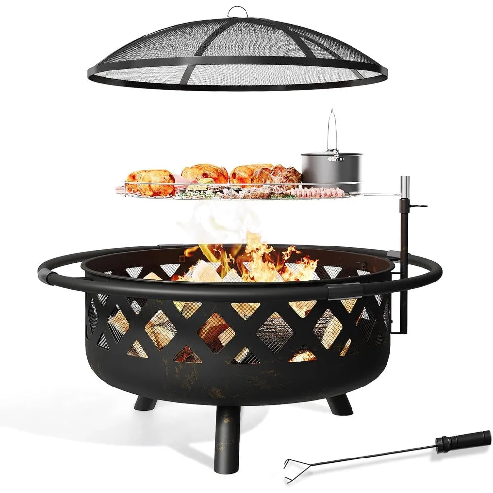 2 in 1 Fire Pit 30in with Grill Outdoor Wood Burning