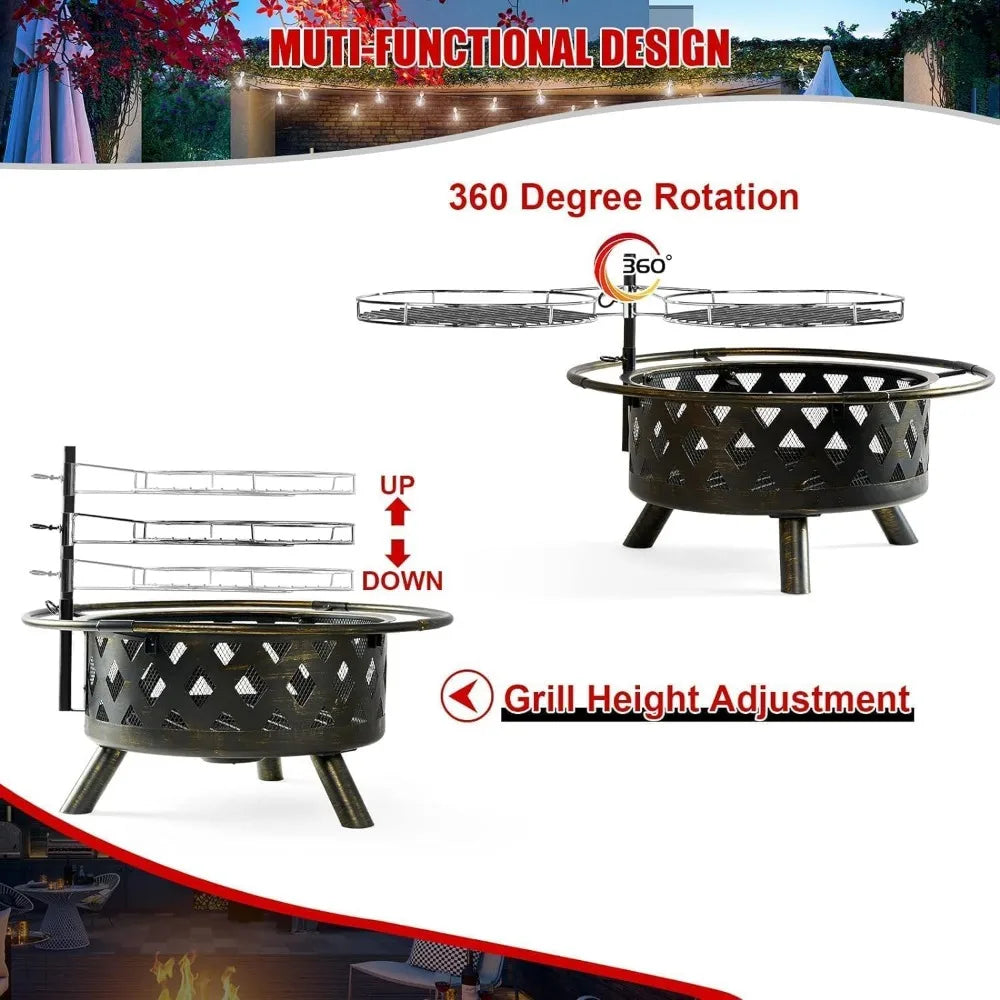 2 in 1 Fire Pit 30in with Grill Outdoor Wood Burning