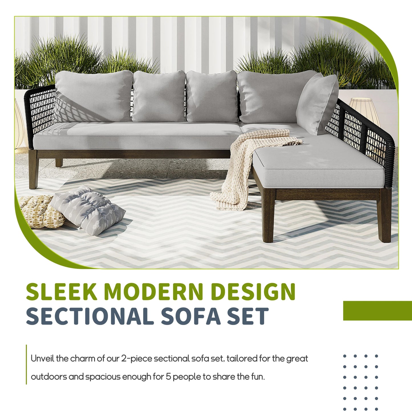 Modern 5-Person Outdoor Seating Group with Cushions Rope Waved Patio Sofa Set