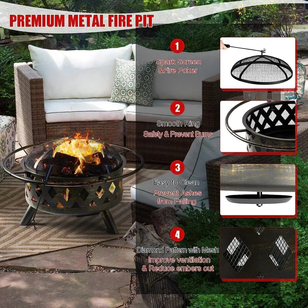 2 in 1 Fire Pit 30in with Grill Outdoor Wood Burning