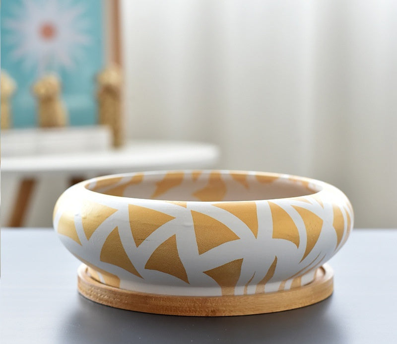 Modern Ceramic Succulent Flower Pot with Bamboo Tray