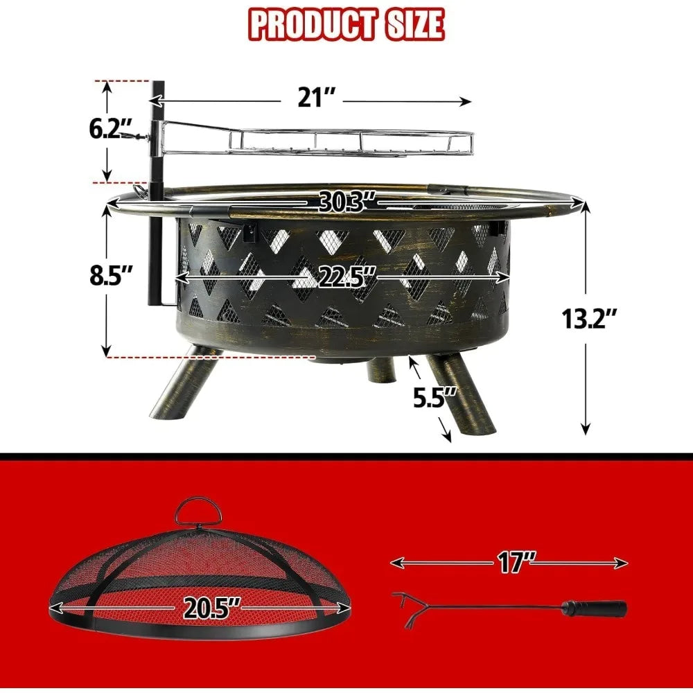 2 in 1 Fire Pit 30in with Grill Outdoor Wood Burning
