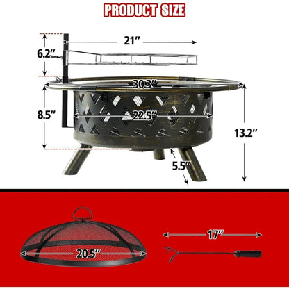 2 in 1 Fire Pit 30in with Grill Outdoor Wood Burning