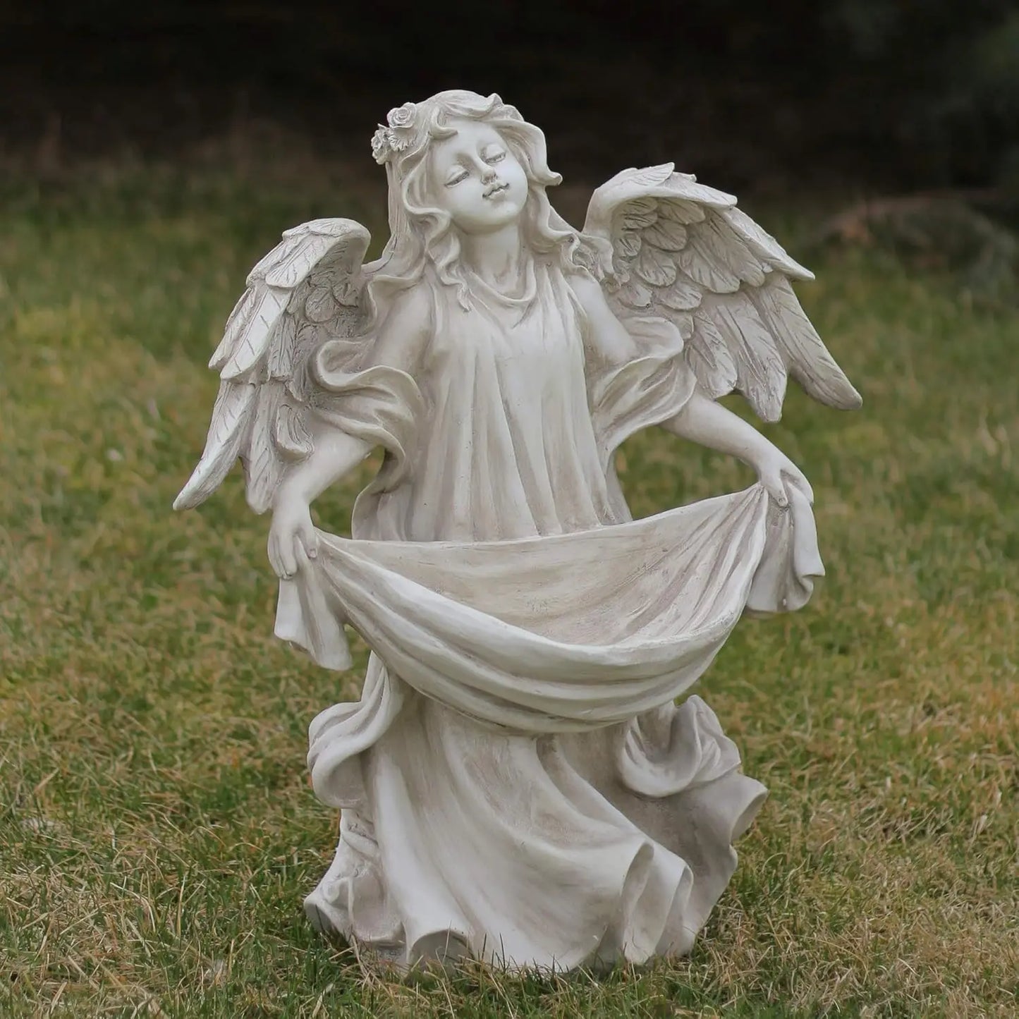 Serene Angel Bird Feeder Outdoor Garden Statue