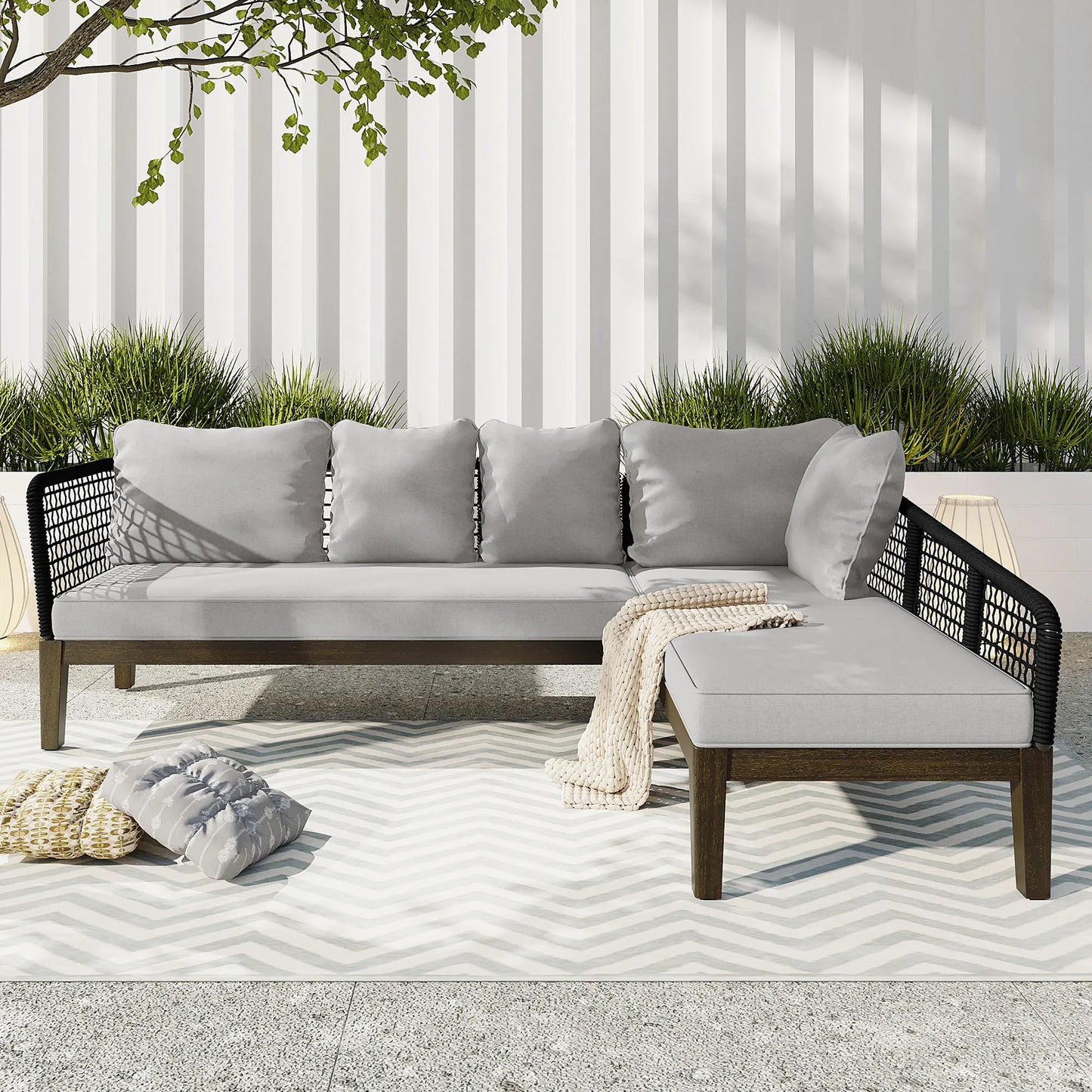 Modern 5-Person Outdoor Seating Group with Cushions Rope Waved Patio Sofa Set