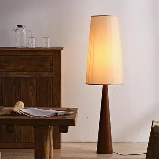 Vintage Wood Floor Lamp – Retro Fabric Stand Light for Living Room or Bedroom