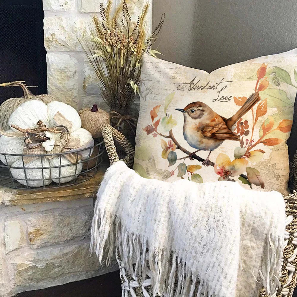 Fall Thanksgiving Pillow Cover - Maple, Squirrel & Bird Design