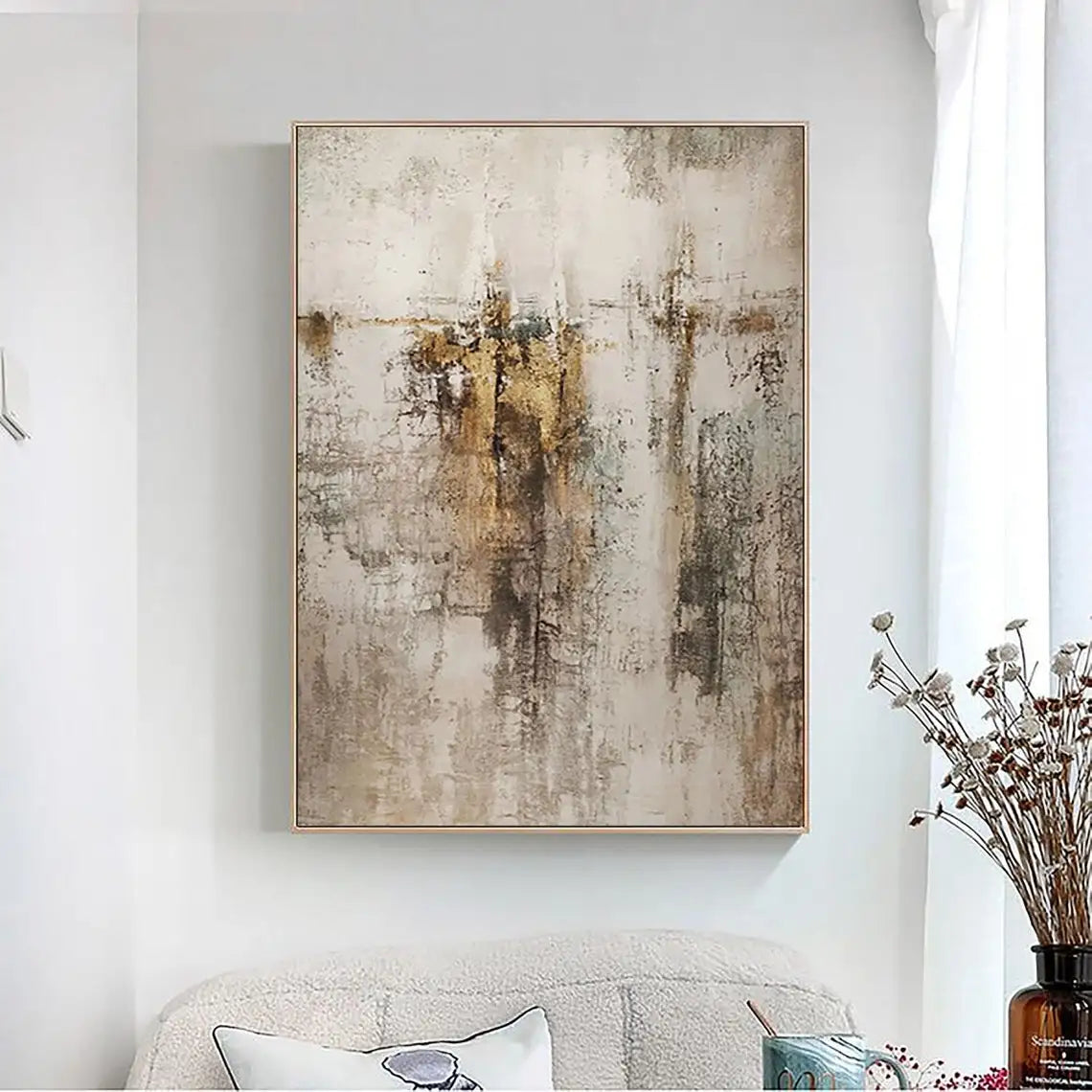 Large Handmade Beige & Gold Abstract Art Painting - Scandinavian Wall Decor