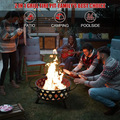 2 in 1 Fire Pit 30in with Grill Outdoor Wood Burning