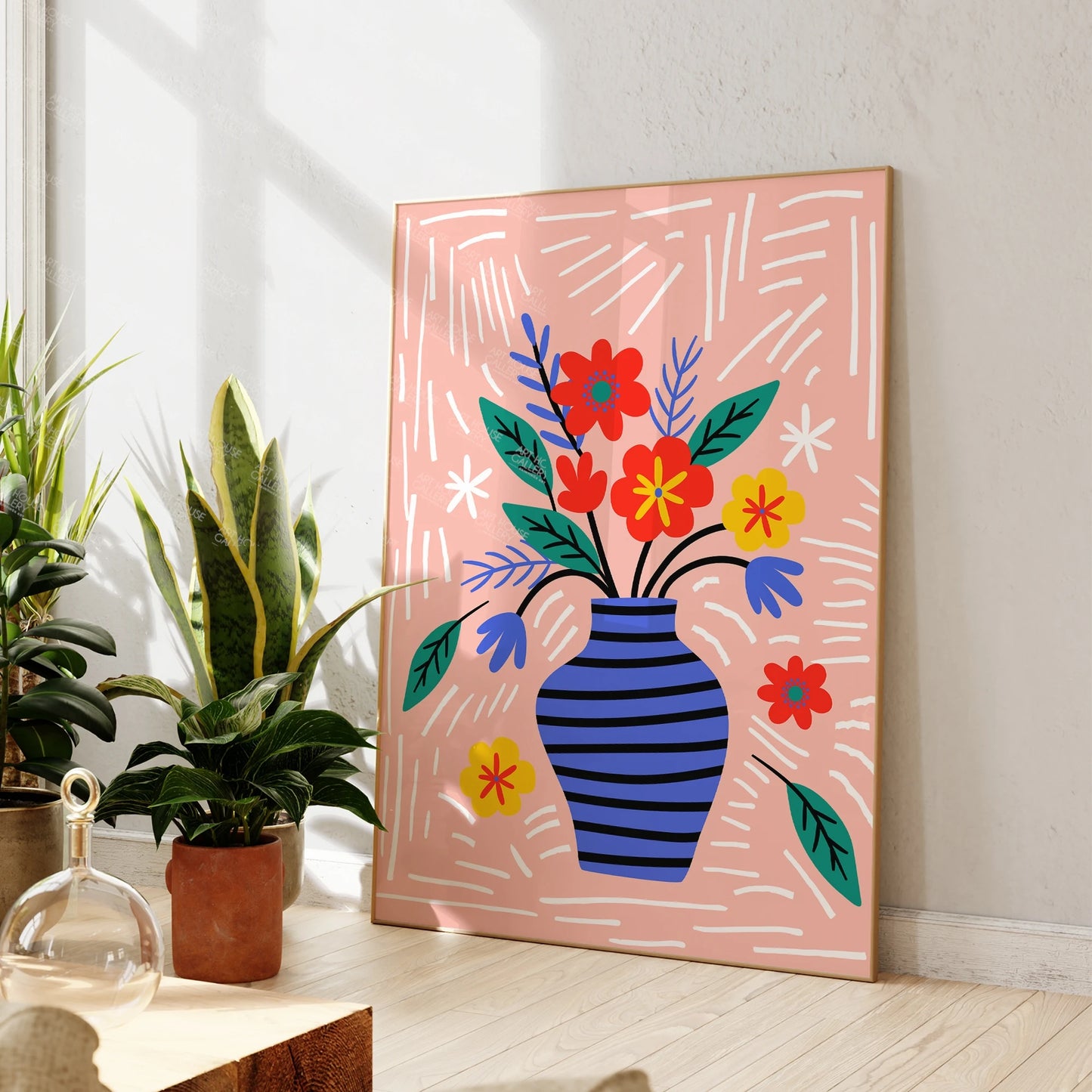 Modern Floral Canvas Art - Pink Background Wall Decor for Living Spaces